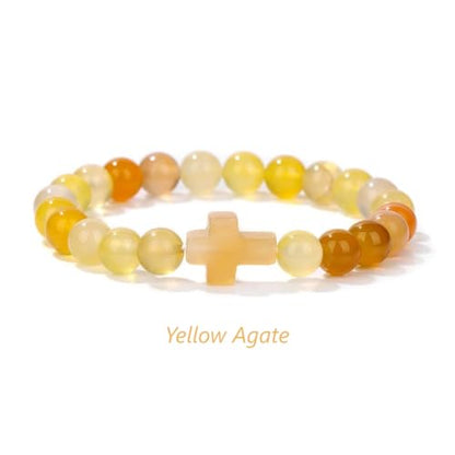 8mm Gemstone Cross Bracelet for Women Men – Stretch Beaded Faith Bracelet with Sideways Cross (Multiple Colors) - style: Yellow Agate