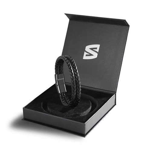 SERASAR Men's Leather Bracelet with Stainless Steel Magnetic Clasp - color: Black, size: 17cm, style: Double