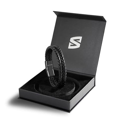 SERASAR Men's Leather Bracelet with Stainless Steel Magnetic Clasp - color: Black, size: 20cm, style: Double