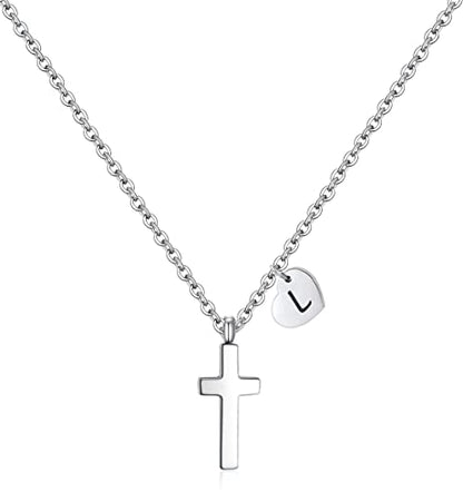 Tiny Cross Necklace for Kids Girls, Initial A-Z , Birthstone Cross Gifts - color: Silver, style: L