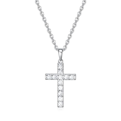 Birthstone Cross Necklace for Women,First Communion Gifts Easter Baptism Cross Jewelry Pendant Gift - color: 04April-Crystal White