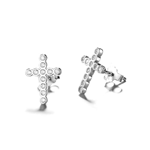 Sterling Silver & White Gold Plated Cross Earrings with Crystals for Women - style: Dainty Cross