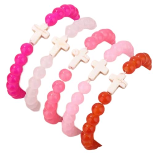 5Pcs Set Cross Beaded Crystal Turquoise Colorful Stretch Bracelet Christian Matching Strand Bracelet for Women Holiday Bohemian Boho Jewelry Multilayered Handmade - color: I