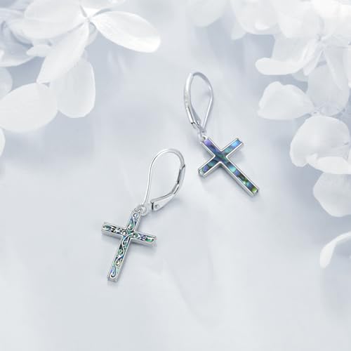 LUHE Sterling Silver Corss/Daisy/Musica Note Dangle Earrings for Women - style: Abalone Filigree Cross