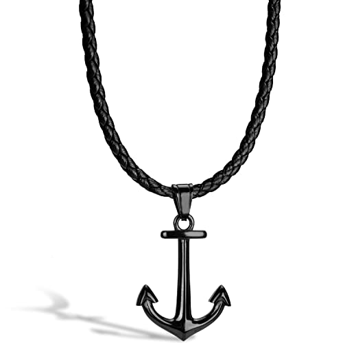 SERASAR Premium Leather Necklace Men | Stainless Steel Pendant | Secure Clasp | Three Colors | Jewelry Box Included - color: Black, size: 50cm, style: Anchor