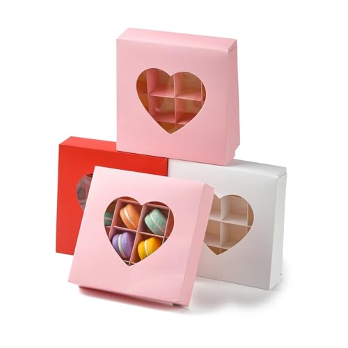Airssory Chocolate Boxes, Paper Gift Boxes with Heart-Shaped Window, 12 pcs (4 pcs each of Pink, White, Gold), Square 15.1x15.1x3.5 cm, for Truffles, Candies, Favors - color: Chocolate Boxes
