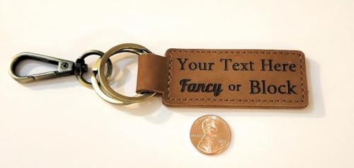 Custom Text Leather Keychain, Bronze Key Ring and Clip