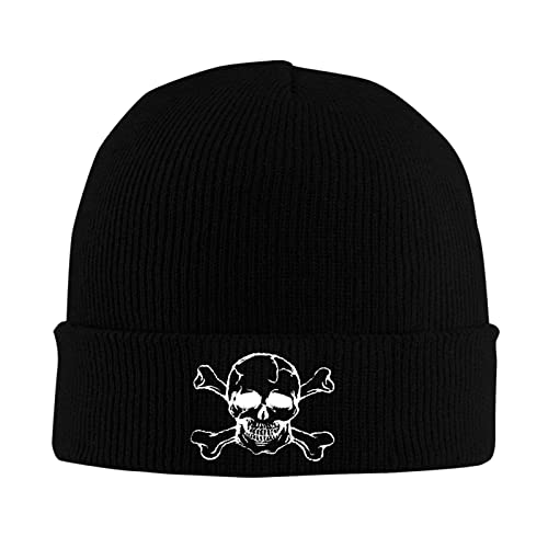 Skull and Crossbones Beanie Hats for Women Men, Funny Winter Warm Cozy Stretchy Knitted Cuffed Skeleton Cap - color: Embroidered Black