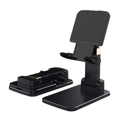 Foldable & Height Adjustable Phone Stand for Desk, Super Stable Cell Phone Holder, Universal for iPhone, Portable Pocket-Sized Stand for Home Office Kitchen - Black - color: E-Standard - Black