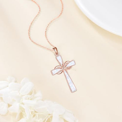 Infinity Cross Necklace S925 Sterling Silver Turquoise/Wooden/Opal/Abalone Cross Pendant Necklaces Christian Jewelry Gifts For Women - style: Rose Gold Opal Cross