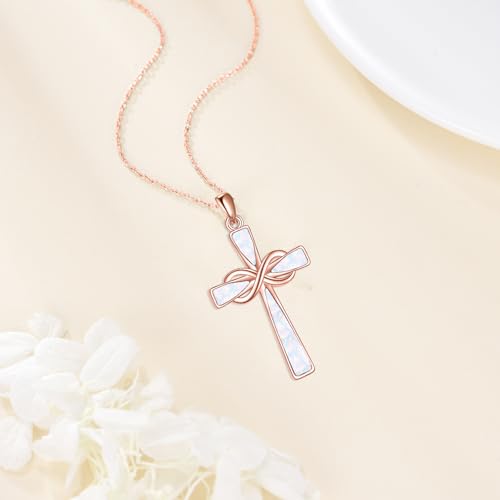 Infinity Cross Necklace S925 Sterling Silver Turquoise/Wooden/Opal/Abalone Cross Pendant Necklaces Christian Jewelry Gifts For Women - style: Rose Gold Opal Cross