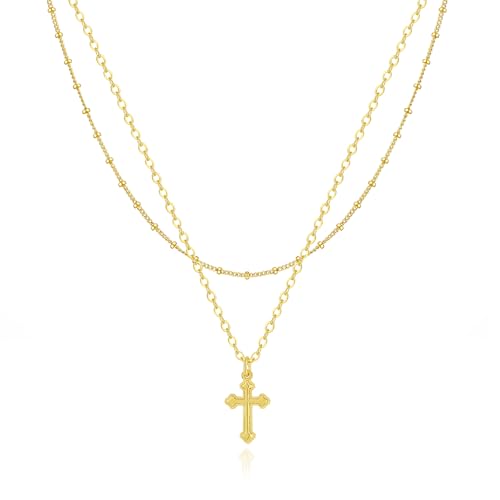 Rotnso Cross Necklace for Women 14K Gold Plated Dainty Small Pendant Choker - style: 2 Layered Bead+Vintage Cross-GD