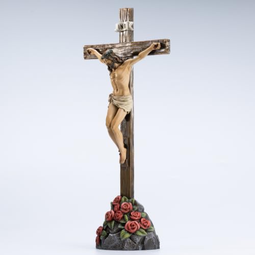 BC Catholic Crucifix Standing Cross with Rose Stone Base 12"H - size: 12 inches H