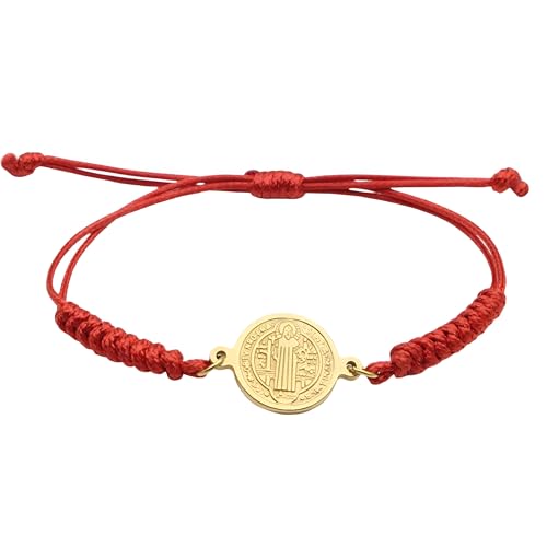 925 Sterling Silver San Benito Bracelet For Women And Men, Catholic Multicolor Bracelet St. Benedict Medal Hand Knitted Knot Coin Beaded Adjustable Religious Prayer Faith - color: Red Gold - San Benito Bracelet