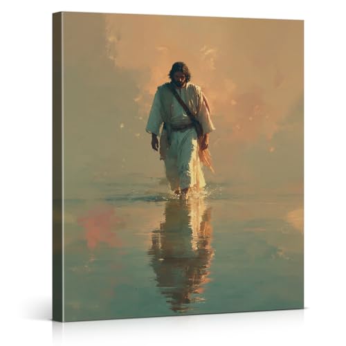 Christian Jesus Christ Wall Art Print - Jesus Walking on Water Canvas Picture Painting Religious Wall Decor for Home Farmhouse Prayer Room 8x10 Framed - color: color-H