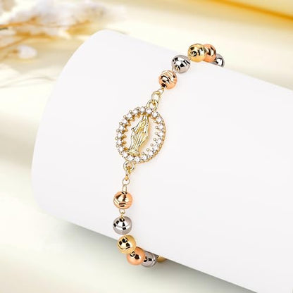 Rosary Cross Bracelet for Women, Gold Virgin Mary Rosary Beads Catholic Bracelet - style: rosary
