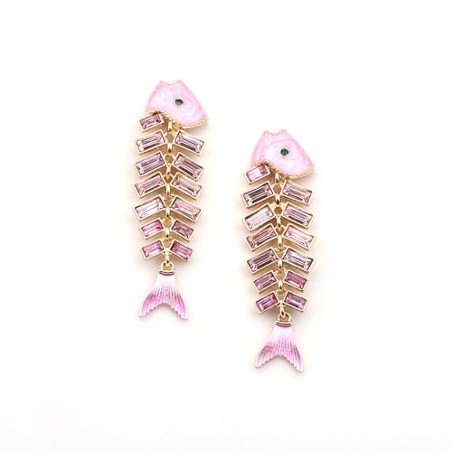 Fish Bone Earrings Drip Oil Animal Earrings Colorful Crystal Sparkly Enamel Earrings Creative Long Fishbone Earstud Dangle Fish Drop Earrings Jewelry for Women - color: Pink Fish