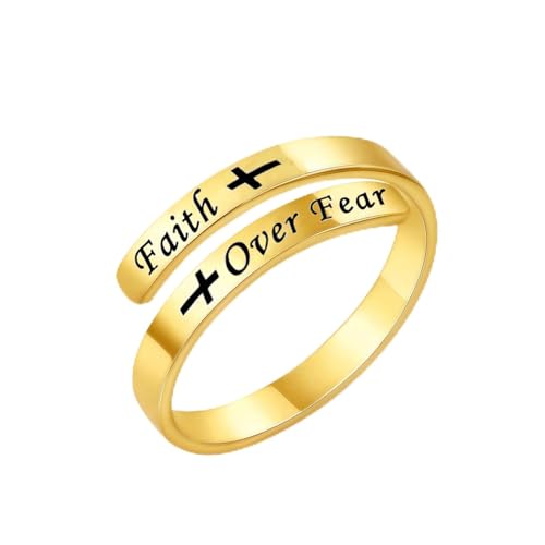 Faith Over Fear Cross Inspirational Rings, S925 Silver Adjustable Tiny Purity Christian Wrap Ring Christian Blessed Hope Encouragement Ring Christmas Graduation Cocktail Party Jewelry Gifts for Women - color: Gold