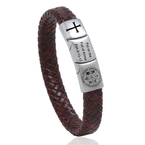 Knights Templar Seal Bracelet for Men,Handmade Leather Put on The Full Armor of God Cuff Bangle Ephesians 6 13-17 Bracelets Faith of Shield Jewelry Amulet Gift for Confirmation,Xmas - color: Dark Brown