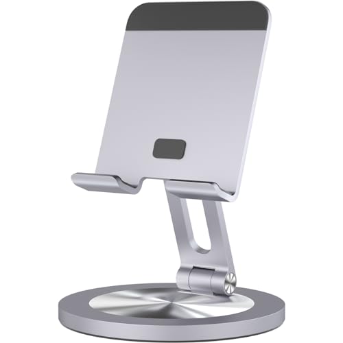 Phone Stand for Desk, 360° Rotating Dual Adjustable Foldable Cell Phone Holder, Heavy Solid All-Aluminum Base Anti-Slip Stable Support for Home Office Study, Fits iPhone Galaxy 4-8" Phones - color: Grey