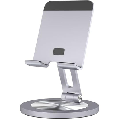 Phone Stand for Desk, 360° Rotating Dual Adjustable Foldable Cell Phone Holder, Heavy Solid All-Aluminum Base Anti-Slip Stable Support for Home Office Study, Fits iPhone Galaxy 4-8" Phones - color: Grey