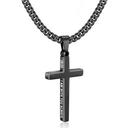 Gnamy Cross Necklace for Men Boys Stainless Steel Bible Verse Cross Pendant with Cuban Link Chain (22+2 Inches) | Christian Religious Jewelry Gifts - color: Black, style: MATTHEW 28:20