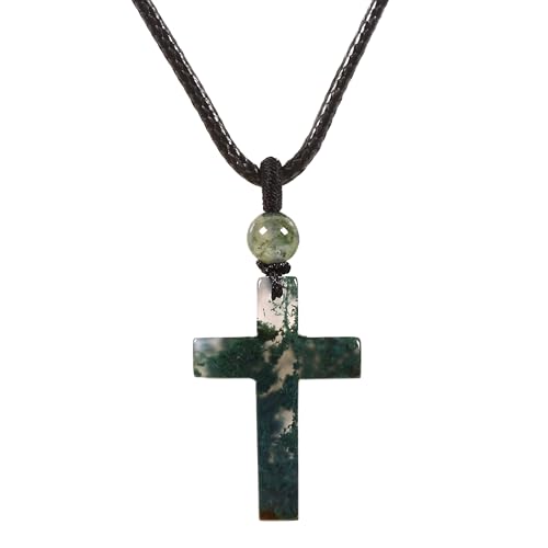 Justinstones Natural Gemstone Carved Cross Reiki Chakra Pendant Necklace 22 Inch - color: 30mm Moss Agate