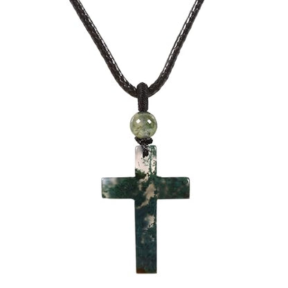 Justinstones Natural Gemstone Carved Cross Reiki Chakra Pendant Necklace 22 Inch - color: 30mm Moss Agate