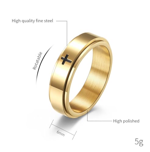 8MM Stainless Steel Cross Christian Ring Classic Plain Spinner Wedding Band for Men Women - color: 6mm - Gold