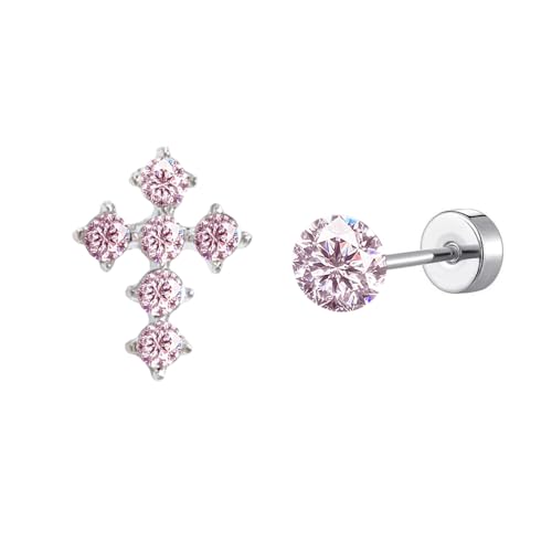 18g Titanium Round Crystal Cross Stud Earrings for Women Silver Plated Stainless Steel CZ Asymmetric Circle Studs Cartilage Tragus Screw Back Post Dainty Birthday Holiday Jewelry - color: Pink CZ