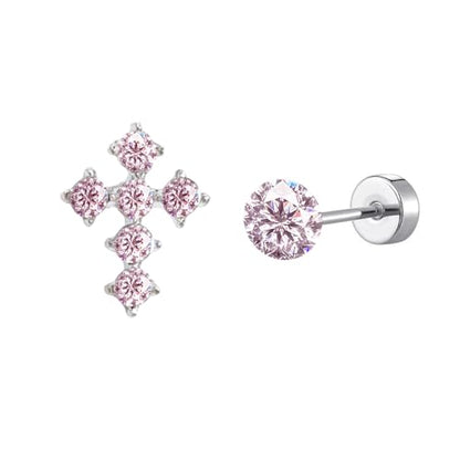 18g Titanium Round Crystal Cross Stud Earrings for Women Silver Plated Stainless Steel CZ Asymmetric Circle Studs Cartilage Tragus Screw Back Post Dainty Birthday Holiday Jewelry - color: Pink CZ