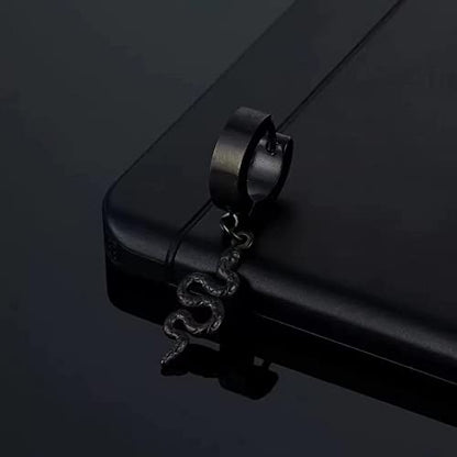 Unisex Punk Hip Hop Stainless Steel Silver Black Gold Tone Lock Thunder Lightning Bolt Dangle Huggie Hoop Earrings Gift for Women Men Boy Teens - color: Black-Snake