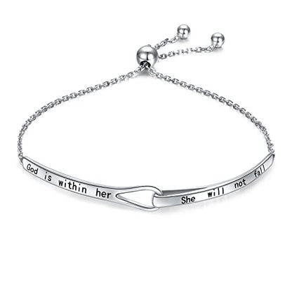 Sterling Silver Engraved Inspirational Adjustable Infinity Bracelet Graduation Gift for Mother Sister Best Friend Jewelry for Women - style: God is Within Her She Will Not Fall