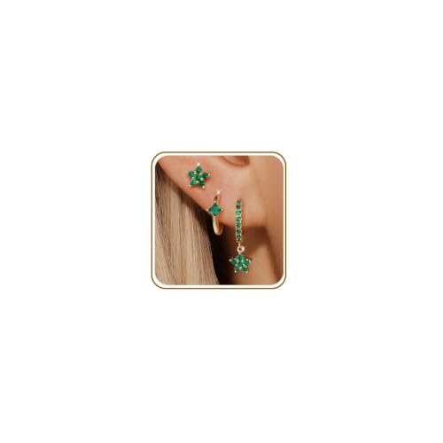 Angelady Gold Hoop Earrings Set for Women, Dainty 14K Gold Plated Flower Moon Cross Dangle Earrings, Hypoallergenic Huggie Hoop Earring Stacks, Stud Earrings for Women Trendy Jewelry Gift - color: Gold Green CZ