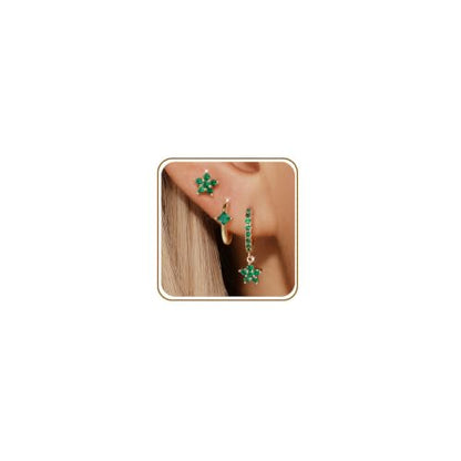 Angelady Gold Hoop Earrings Set for Women, Dainty 14K Gold Plated Flower Moon Cross Dangle Earrings, Hypoallergenic Huggie Hoop Earring Stacks, Stud Earrings for Women Trendy Jewelry Gift - color: Gold Green CZ