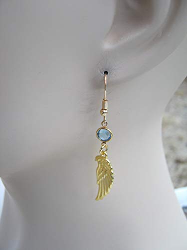 Gold Angel Wing Birthstone Earrings, Golden Tone Personalized Memorial Earrings, Angels Feather Jewelry