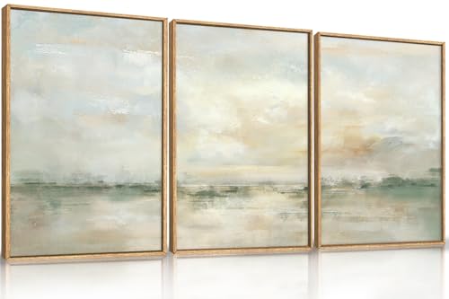 LHIUEM Large Abstract Green Gray Pastel Framed Canvas Wall Art,Neutral Landscape Wall Decor,Modern Watercolor Lake Artwork,Beige Textured Illustrations Art for Living Room,Bedroom,Office- 24"x36"x3 - color: Neutral Green Wall Art, size: 24''x36''x3