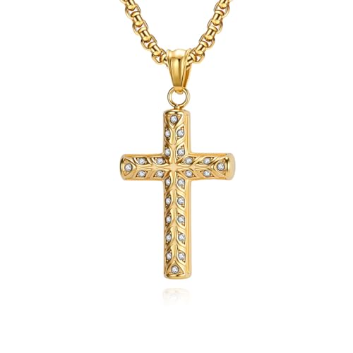 Men's Cross Necklace, Vine Design Iced‑Out Cubic Zirconia - color: gold