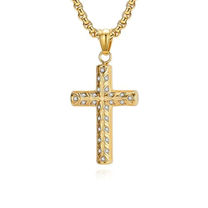 Men's Cross Necklace, Vine Design Iced‑Out Cubic Zirconia - color: gold