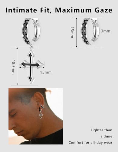 KRKC&CO Dangle Cross Earrings for Men, Sterling Silver Plated Black Drop - color: Silver-A