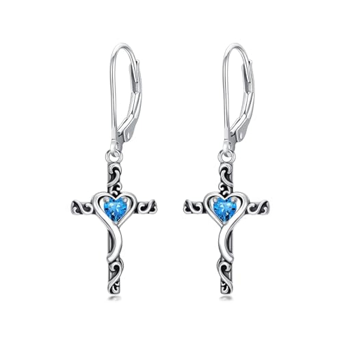 TOUPOP Cross Birthstone Earrings 925 Sterling Silver Heart Cross Dangle Earrings Fine Jewelry Christmas Birthday Gifts for Women Wife Mom Her - color: White Gold-12-December-Topaz