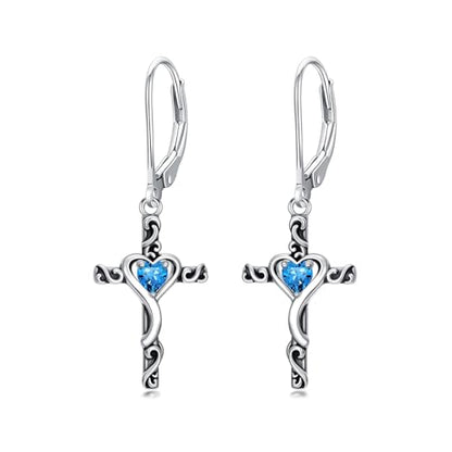 TOUPOP Cross Birthstone Earrings 925 Sterling Silver Heart Cross Dangle Earrings Fine Jewelry Christmas Birthday Gifts for Women Wife Mom Her - color: White Gold-12-December-Topaz