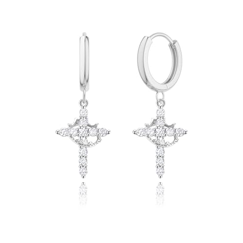 Robaice 14K Gold Plated Crown Cross Huggie Hoop Earrings for Women - color: Silver