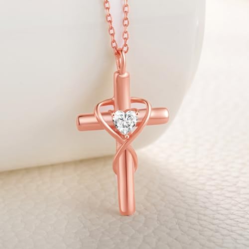18K Gold Plated Cross Necklace for Women, 925 Sterling Silver Necklaces for Women, Infinity Heart Jewelry with 5A Cubic Zirconia, Anniversary Birthday Baptism Christian Gifts for Women Wife Her - color: Rose Gold