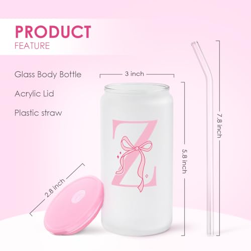 SANDJEST Monogrammed Glass Drinking Can Cup with Acrylic Lid and Straw, Personalized Frosted Iced Coffee Tumbler 16oz, Monogram Initial Gifts for Women Girls on Birthday (Z) - color: Z