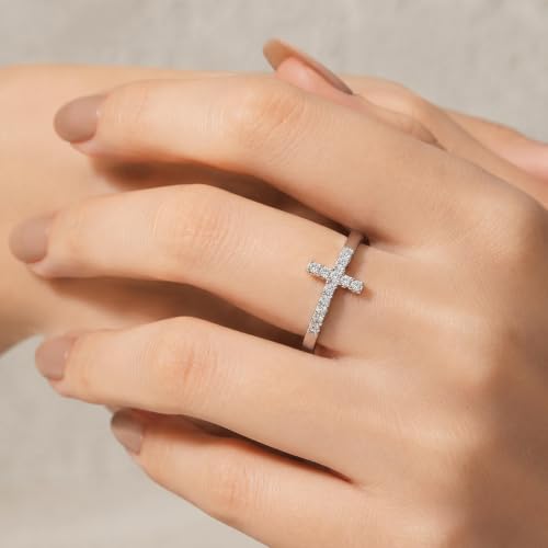 WES Moissanite Cross Ring for Women - Hypoallergenic 925 Sterling Silver 14K White Gold Plated Dainty Stackable Wedding Band Eternity Ring, Size 4-11