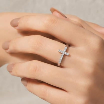 WES Moissanite Cross Ring for Women - Hypoallergenic 925 Sterling Silver 14K White Gold Plated Dainty Stackable Wedding Band Eternity Ring, Size 4-11