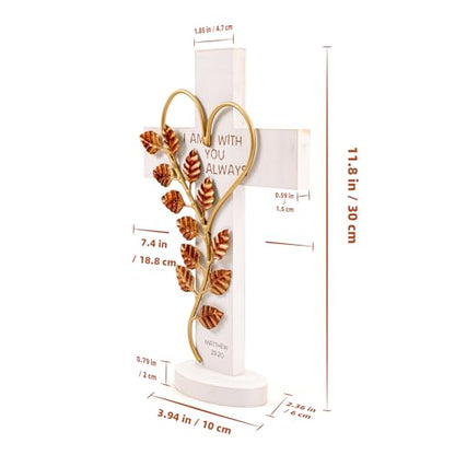 Wooden Cross Wall White With Solid Wood Iron Copper Gole Leaf Heart Shaped - color: White