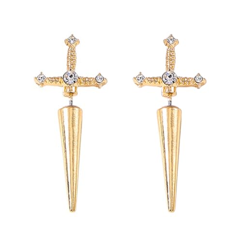 Gothic CZ Cross Sword Stud Earrings for Women Unisex - color: Gold