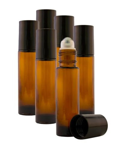 GreenHealth 6 Pack – Empty Roll-On Glass Bottles [Stainless Steel Roller] – 10ml Refillable Amber Color Roll On Vials for Essential Oils, Perfume, Fragrance, Aromatherapy